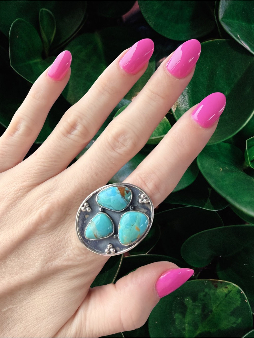925 Sterling Silver | Triple Turquoise Statement Ring | Adjustable Size 6.5-10.5
